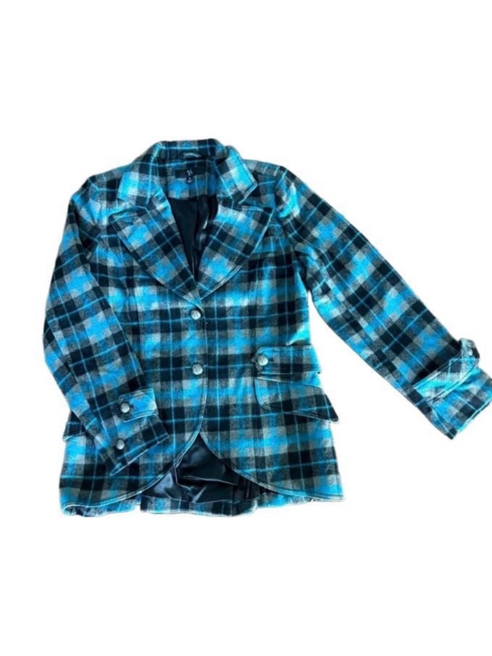 Plaid Blue & Black Wool-Blend Women's Coat